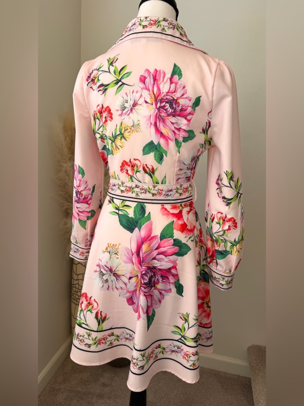 DALIA MACPHEE Pink Floral Long-Sleeve Shirt Dress with Tie Waist - S - Picture 5 of 8